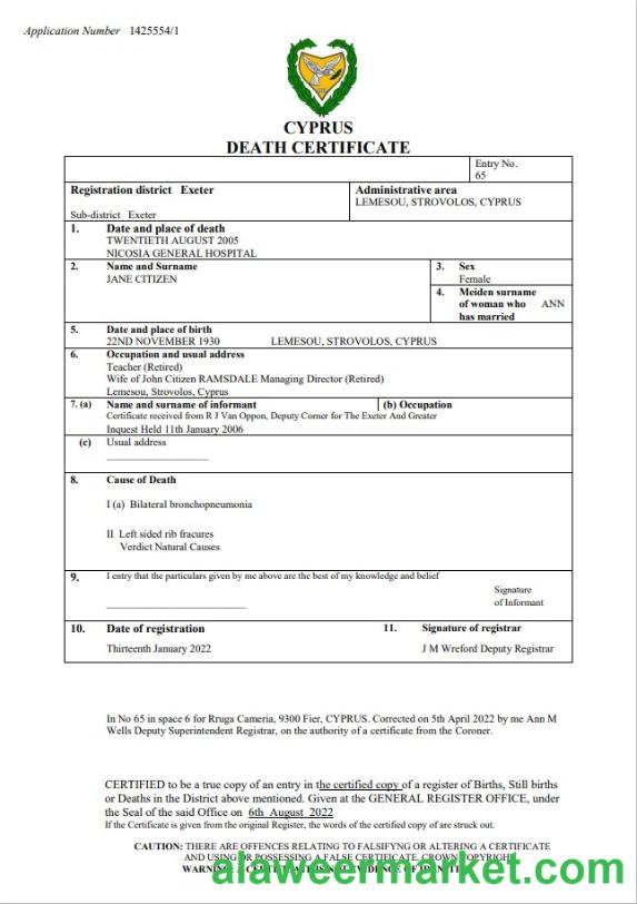 Cyprus vital record death certificate Word and PDF template